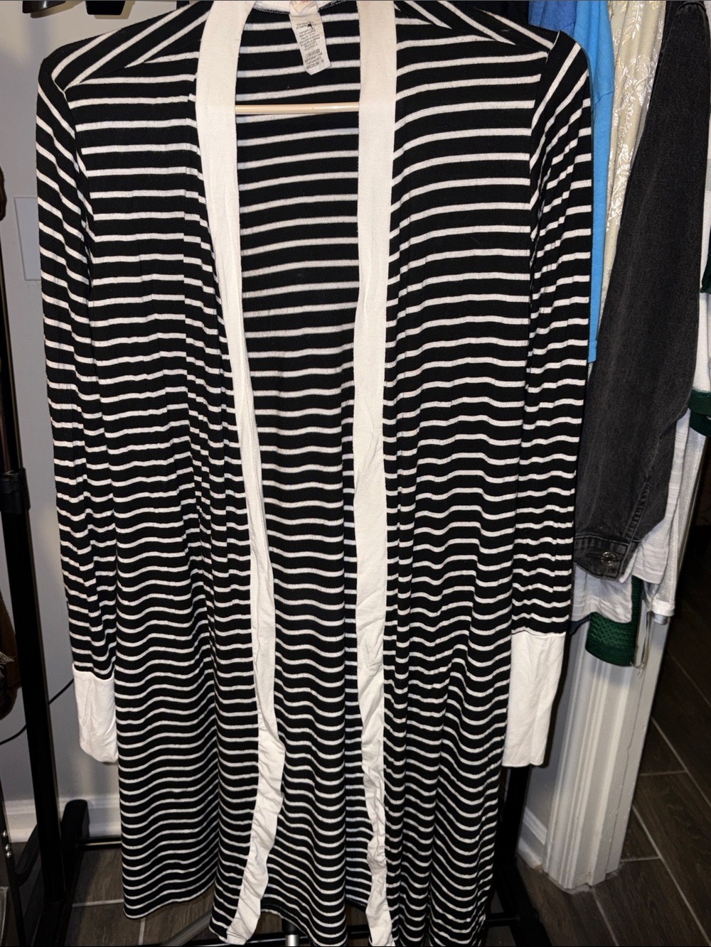 7th Ray Black and White Striped Open Cardigan with Cream Trim Medium